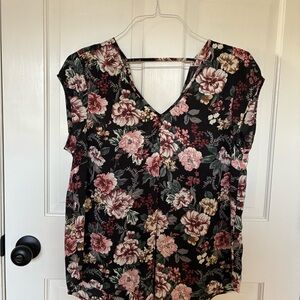 Halogen Floral V-Neck Blouse in Black, Pink and Cream